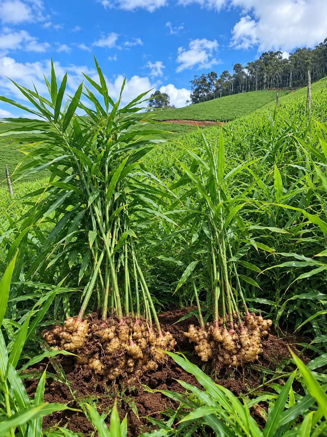 Touceiras de gengibre recém-colhidas na lavoura, com os rizomas à mostra