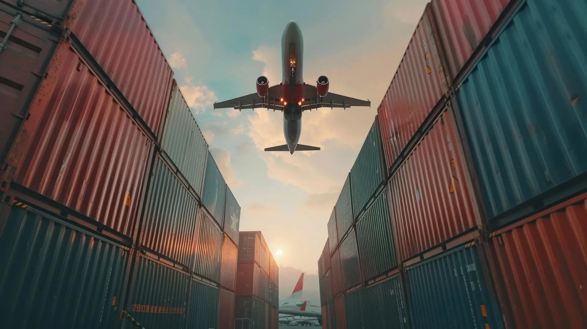 Avião de carga sobrevoando pilhas de contêineres, representando a exportação para o mercado global